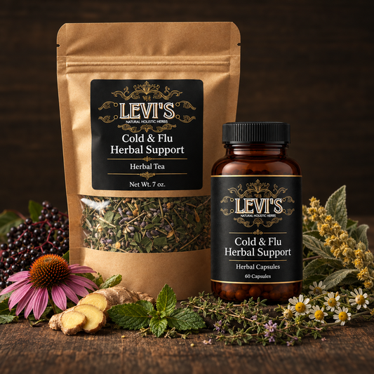 Cold and Flu Herbal Support tea and capsules on an herbal tabletop