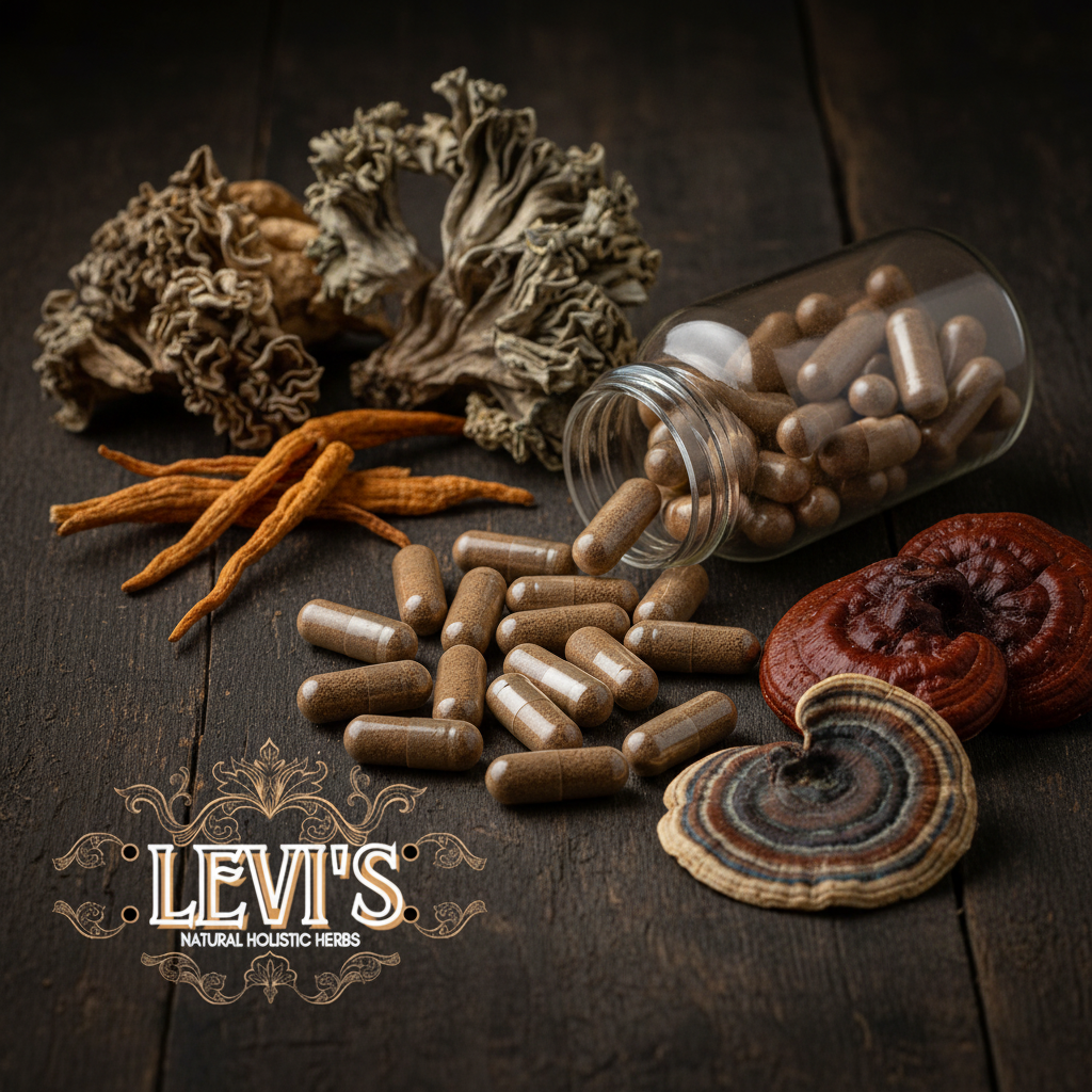 4-Mushroom Blend capsules with Levi's Natural Holistic Herbs logo